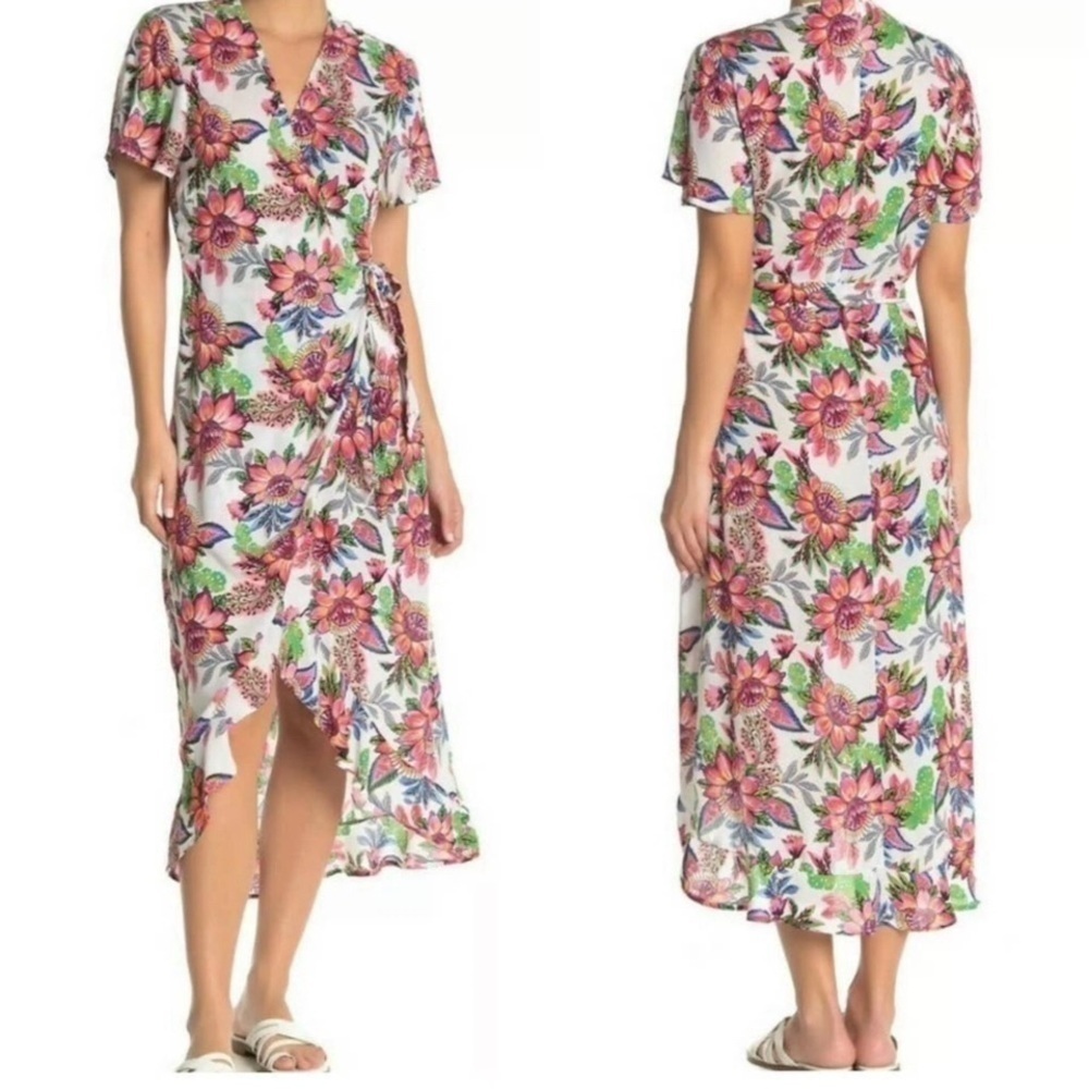 La Blanca asymmetrical botanical garden Beach cover up rap dress 100% rayon Sz S